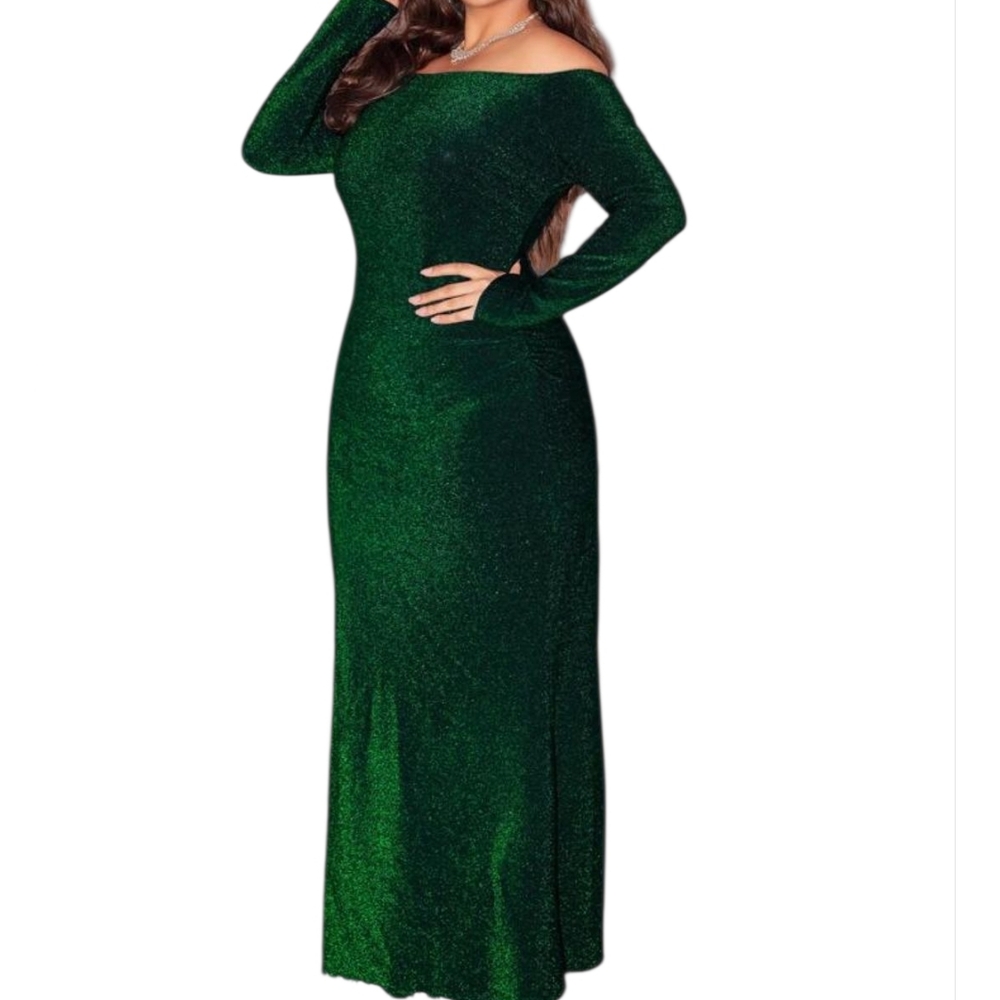Shein Off Shoulder Plus Emerald Green Shimmering Evening Dress 2XL - Picture 9 of 13